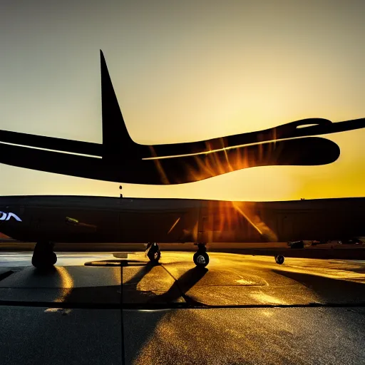 Image similar to an airplane designed by boeing and zaha hadid, dramatic lighting, sunrise, bokeh