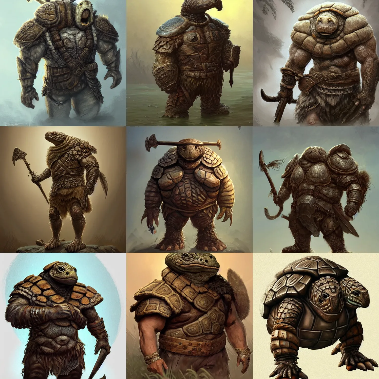 Prompt: anthropomorphic rugged turtle!!! oversized barbarian furry muscular armored upper body ,shell collar!!l,small head, 👅 👅 , D&D, fantasy, intricate, elegant, highly detailed, digital painting, artstation, concept art, smooth, sharp focus, illustration, art by artgerm and beeple and greg rutkowski and alphonse mucha