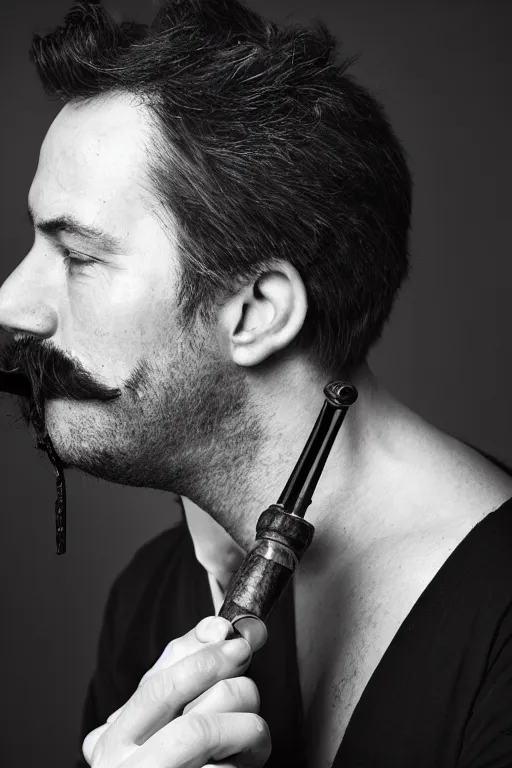 Image similar to mark mann photography, a male portrait, black hair, moustache, smoking a pipe