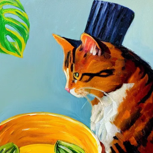 Prompt: palette knife oil painting of a cat wearing a chefs hat sitting on a monstera plant