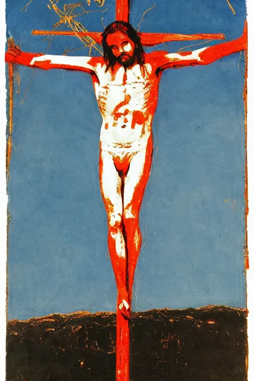 Image similar to bloody christ crucified and some bright ufo in the sky painted by cy twombly and andy warhol