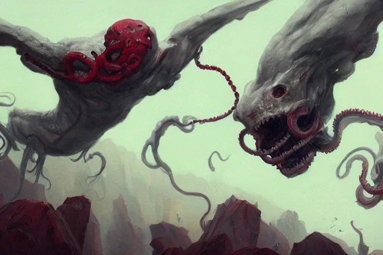 Image similar to painting by greg rutkowski of a flying human head and face that is chalk white in color, with tentacles coming of the neck, red eyes, flying in a terrying hell like cavernous place