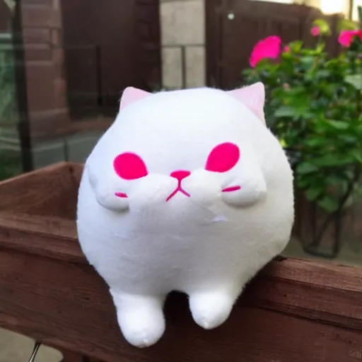 Prompt: a cute fat white cat plush with pink ears and a pink nose