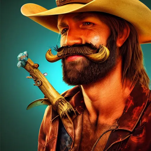 Prompt: Photorealistic cowboy with an animal bat as his moustache. Hyperdetailed photorealism, 108 megapixels, amazing depth, glowing rich colors, powerful imagery, psychedelic Overtones, 3D finalrender, 3d shading, cinematic lighting, artstation concept art