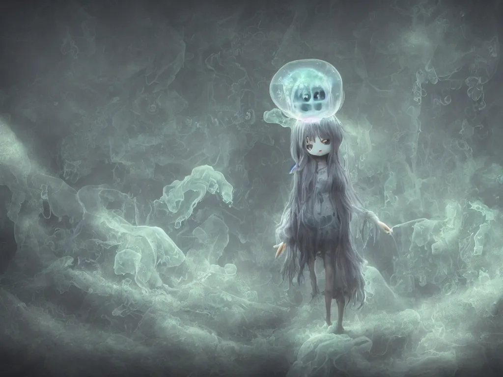 Image similar to cute fumo plush smiling ectoplasmic jellyfish ghost girl lingering in a mysterious concrete organic ruin, chibi gothic maiden in tattered melting rags, glowing wisps of hazy green smoke and eerie blue volumetric fog swirling about, moonlight, glowing lens flare, vray