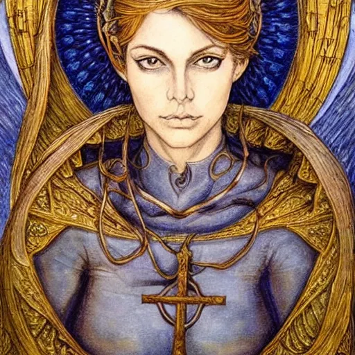 Prompt: most beautiful jeanne d'arc in the style of william blake, terese nielsen, detailed, intricate, beautiful faces, porta magna, called by the grave, steve argyle, loss of sanity, ecclesial wolf's den pastoral fantastic reality