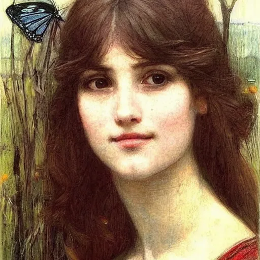 Prompt: very very very beautiful butterfly woman, flirty, smiling, eye contact, perfect face, perfect body, drawn by john william waterhouse