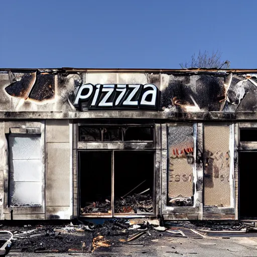 Prompt: the outside of an abandoned pizza restaurant that burnt to the ground, realistic photo
