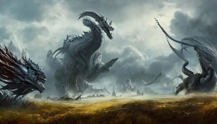 Image similar to viking seven headed dragon in a nordic landscape under bright daylight with fluffy clouds, set in the world of Guildwars2, painted by Hans Fredrik Gude, Greg Rutkowksi and Artgerm, concept art 2022, ultra realistic masterpiece, contrasting details vs blank areas, oil on canvas