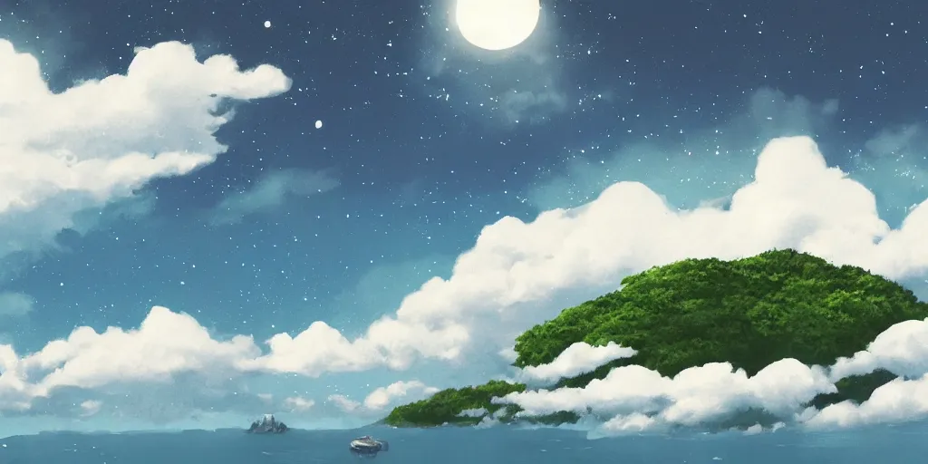 Prompt: island, night, moon and cloud sky background, high detail, ghibli, digital painting, concept art, illustration, smooth, sharp focus,