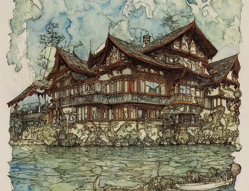Image similar to a detailed, intricate watercolor and ink illustration with fine lines of the view from the river of an art nouveau swiss chalet, by arthur rackham and edmund dulac and lisbeth zwerger