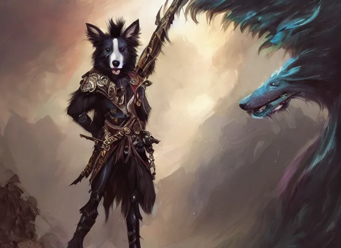 Prompt: wide angle beautiful full body portrait of a cute male anthropomorphic anthro border collie fursona wearing a warrior outfit in wal - mart, character design by charlie bowater, henry asencio, and ross tran, disney, scenic background, detailed, glamor pose, aesthetic, trending on artstation, furaffinity, deviantart