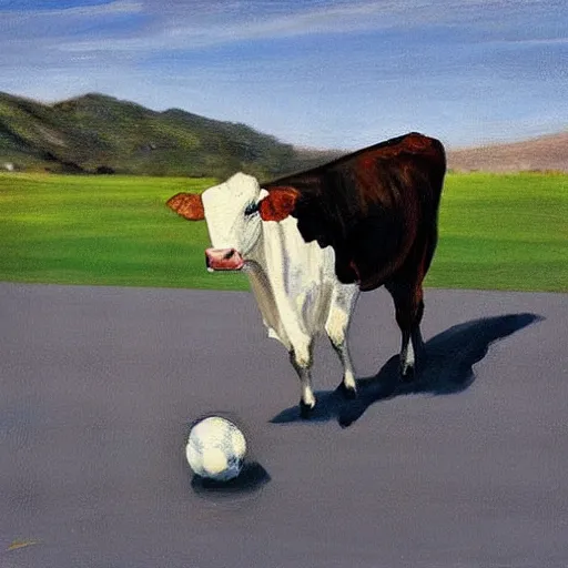 Image similar to A cow playing football with one shoe in Malibu, realism art
