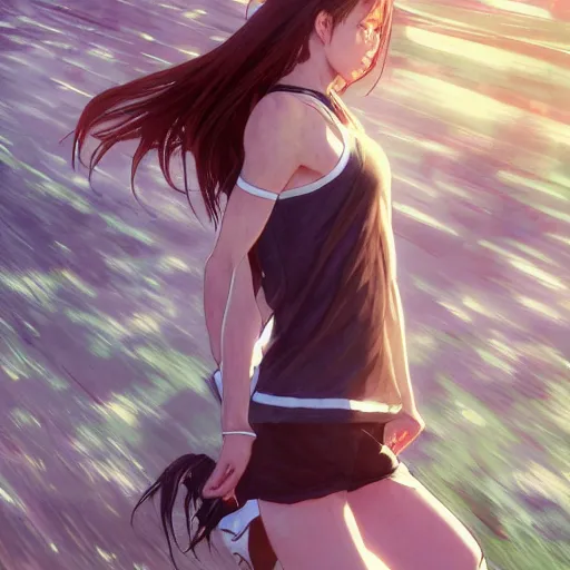 Image similar to a girl is running, sport clothing, anime style, long hair, hair down, symmetrical facial features, from arknights, hyper realistic, highly detailed, rule of thirds, extreme detail, detailed drawing, trending artstation, realistic lighting, sport magazine, by alphonse mucha, greg rutkowski, sharp focus, backlit, real faces, realistic anatomy