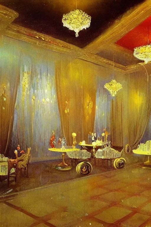 Image similar to 1920s decorated surrealist ballroom casts long exaggerated shadows, crystalline light rays refract dust, impressionst oil painting on wood, big impressionist oil paint strokes, decadent interior dinning room with centered grand crystal chandelier, symmetric 1930s dimly lit art deco interior concept art by Ivan Aivazovsky, ukiyo-e print, japanese woodblock