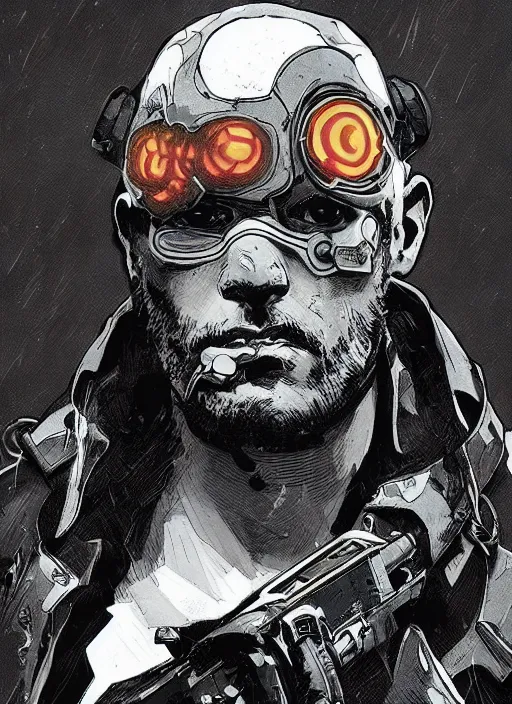 Image similar to cyberpunk mob enforcer. portrait by ashley wood and alphonse mucha and laurie greasley and josan gonzalez and james gurney. splinter cell, apex legends, rb 6 s, hl 2, d & d, cyberpunk 2 0 7 7. realistic face. character clothing. vivid color. dystopian setting.