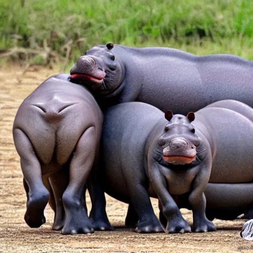 Prompt: family of hippos in a suitcase