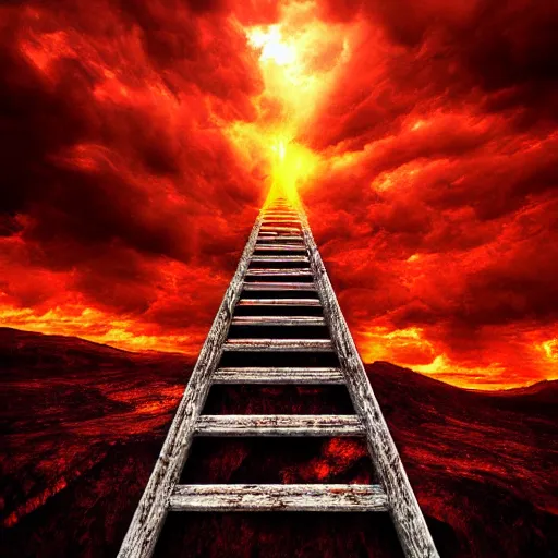 Prompt: hell landscape, a tall ladder leading to heaven above, high quality, realistic