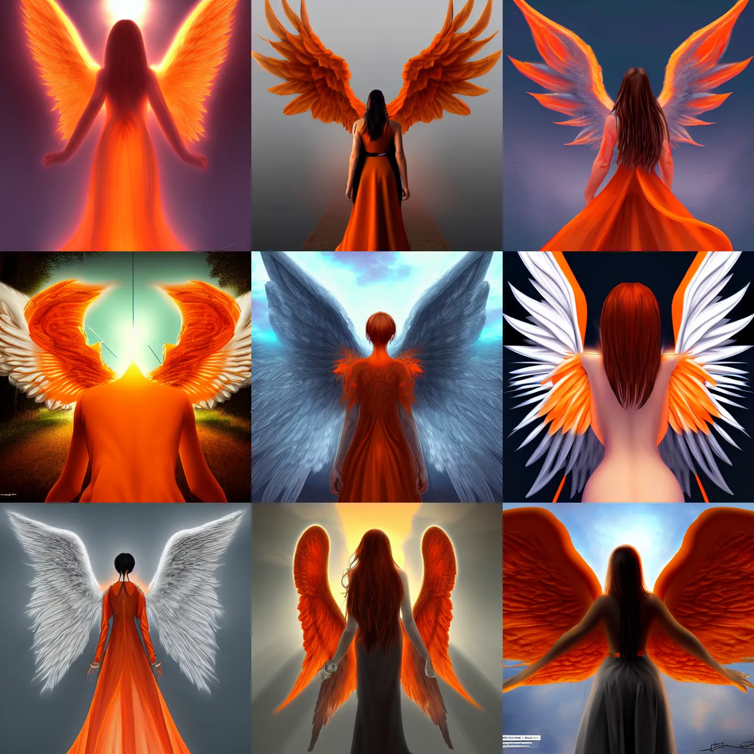 Prompt: angel with large orange wings, view from the back, detailed urban fantasy digital art, trending on artstation