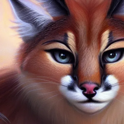 Image similar to cute fluffy caracal wearing a tie, closeup, D&D, fantasy, intricate, elegant, highly detailed, digital painting, artstation, concept art, matte, sharp focus, illustration, hearthstone, art by Artgerm and Greg Rutkowski and Alphonse Mucha