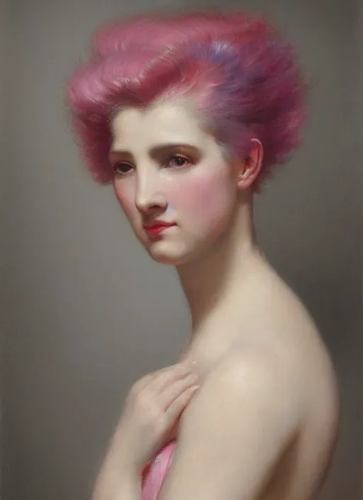 Prompt: a detailed portrait of woman with a mohawk by edouard bisson, year 1 9 4 0, pink hair, punk rock, oil painting, muted colours, soft lighting