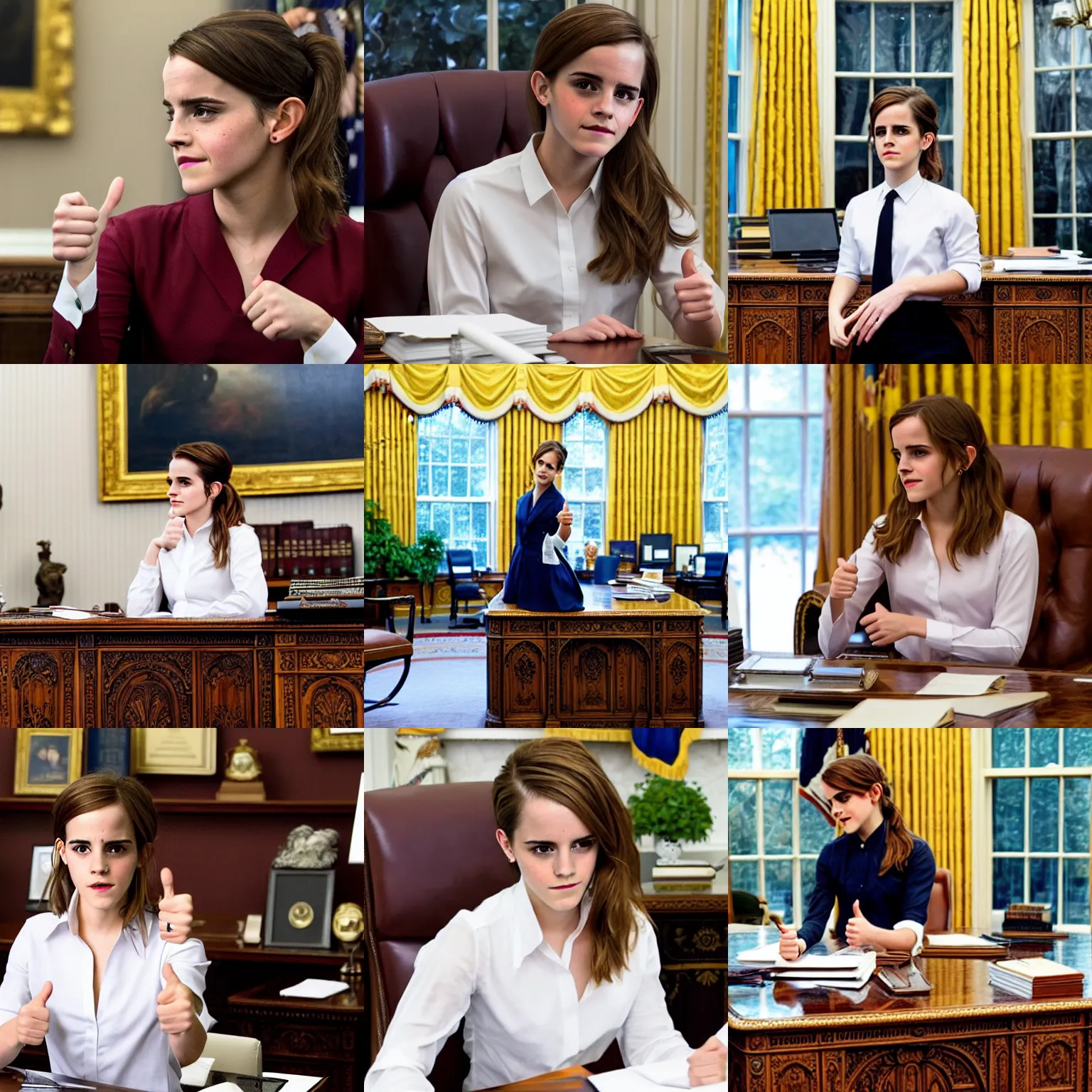 Prompt: emma watson wearing a dress shirt, giving thumbs up at her desk in the oval office