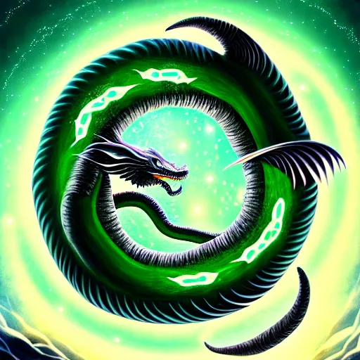 Image similar to illustration of the emerald dragon ouroboros god gaving birth to the universe, epic, masterpiece, digital art, matte painting, bold shapes, hard edges, trending on artstation, by kate irwin