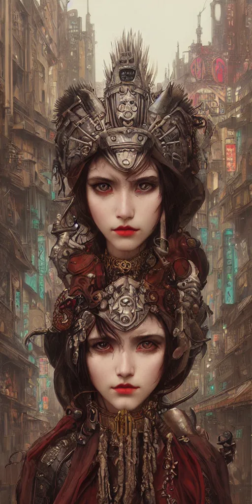 Image similar to hyper realistic Princess Mononoke, ornate mask, wet market street, cyberpunk metropolis, city landscape, jewels, style of tom bagshaw, mucha, james gurney, norman rockwell, denoised, sharp