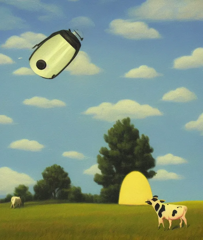 Prompt: a highly detailed painting of a stylized cartoon ufo beaming up a cow on a meadow, ufo has green light beam, very fine brush strokes, baby blue sky with aesthetic clouds, in the style of edward hopper, 4 k,