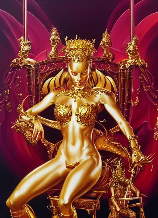 Image similar to airbrush painting of an amazing golden queen seated over a fantasy throne, by hajime sorayama and boris vallejo, realistic, hyperdetailed, centered, fantastic, masterpiece, trending on artstation,