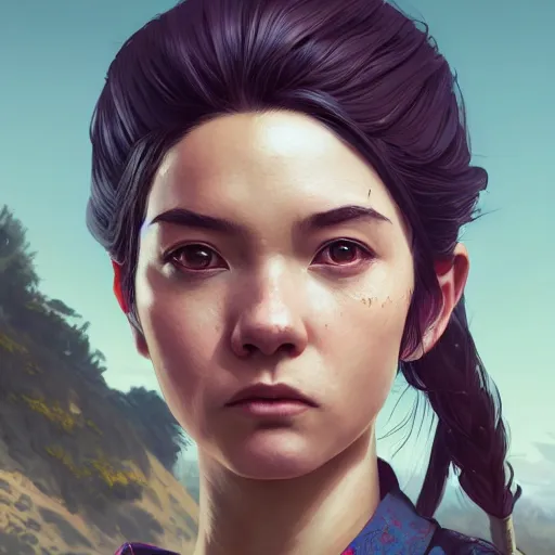 Image similar to highly detailed portrait, kunoichi, in gta v, stephen bliss, unreal engine, fantasy art by greg rutkowski, loish, rhads, ferdinand knab, makoto shinkai and lois van baarle, ilya kuvshinov, rossdraws, tom bagshaw, global illumination, radiant light, detailed and intricate environment