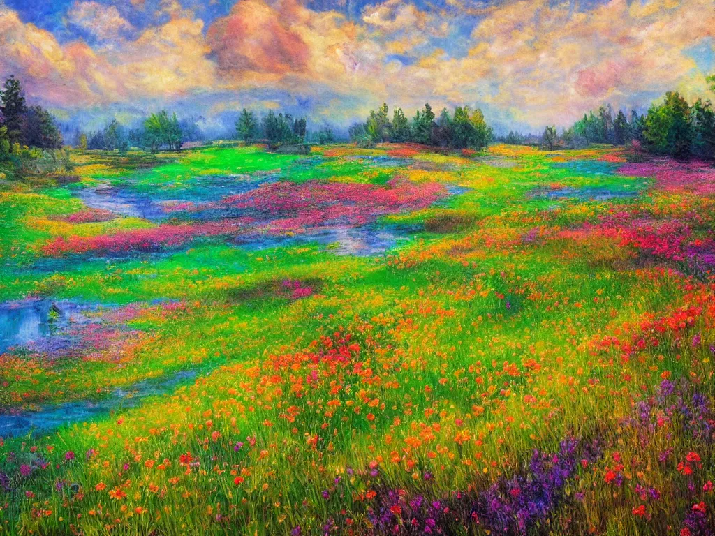 Image similar to an impressionist painting of a gorgeous meadow filled with colorful mushrooms with a stream flowing through it, psychedelic colors, colorful sky in background, high detail, trending on artstation