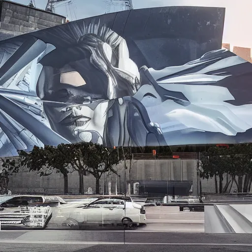 Image similar to sci-fi zaha hadid wall structure logotype and car on the coronation of napoleon and digital billboard in the middle in dark atmosphere in the style of Ruan Jia Sheng Lam