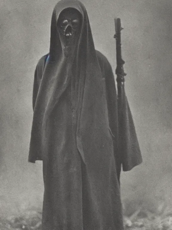 Image similar to portrait of faceless grim reaper, ww1 photo, grainy, high detail, high resolution,