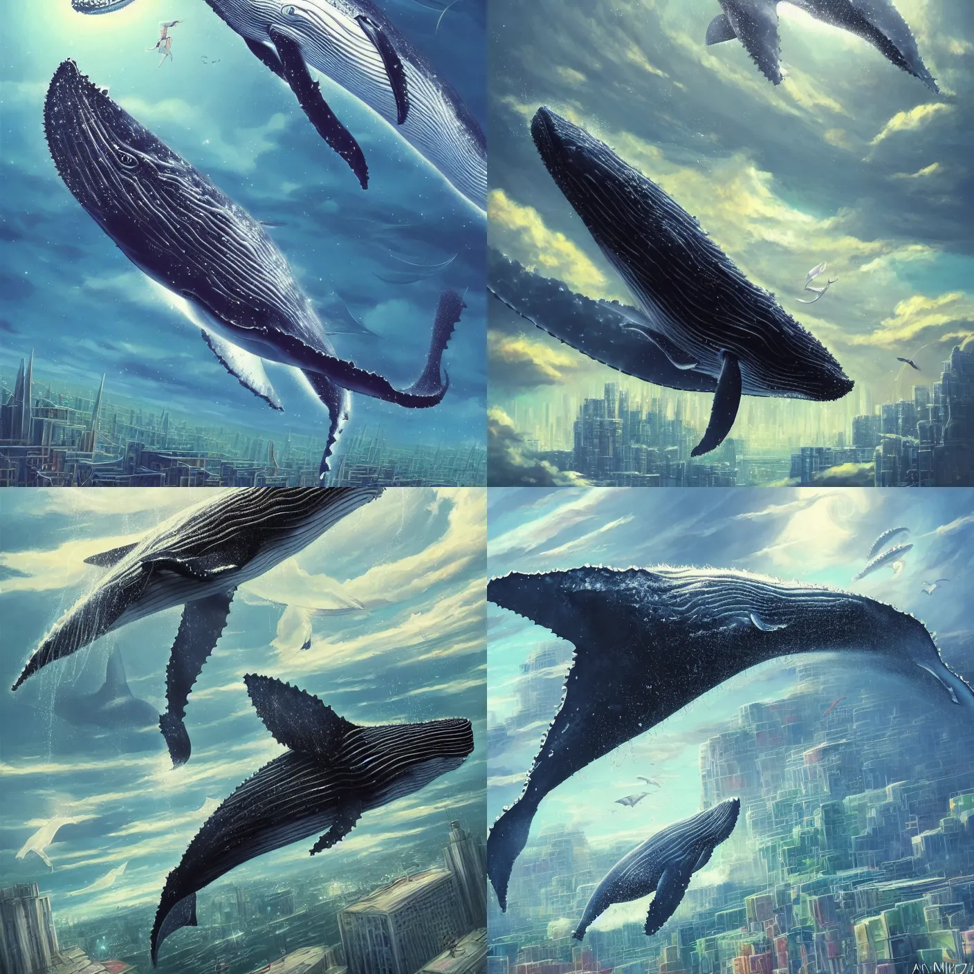 Prompt: detailed, sharp, humpback whale flying above an overgrown city in a clear sky by Anna Dittmannand, by hayao miyazaki, digital art, trending on artstation, anime arts, featured on Pixiv, HD, 8K, highly detailed, good lighting. beautiful. epic.