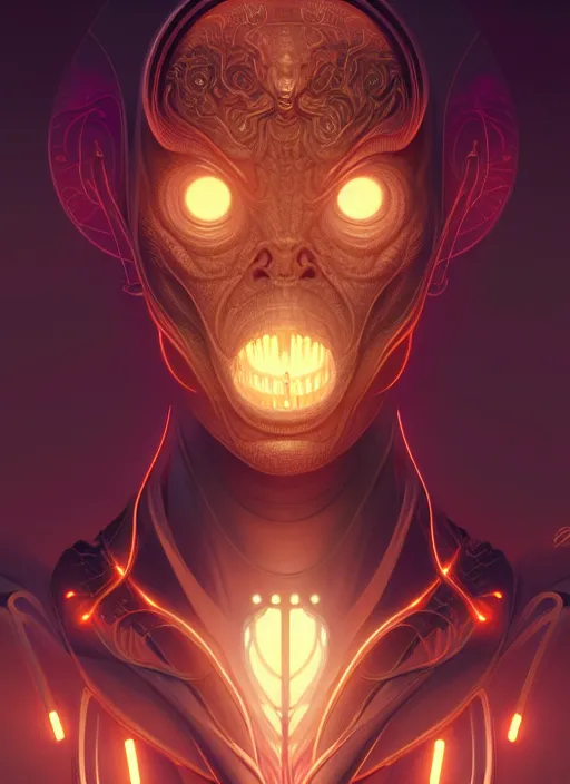 Image similar to symmetry!! portrait of grotesque alien, sci - fi, glowing lights!! intricate, elegant, highly detailed, digital painting, artstation, concept art, smooth, sharp focus, illustration, art by artgerm and greg rutkowski and alphonse mucha, 8 k