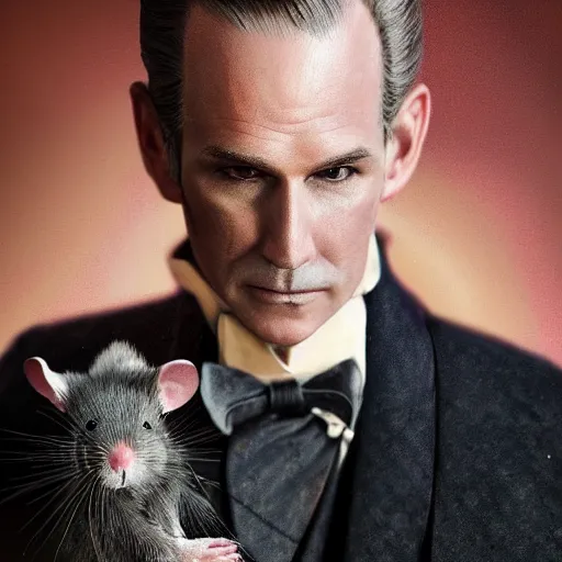 Image similar to photo realistic picture of older fantasy butler that looks similar to michael kane, handsome, 4 k, oil painting filter, balding, well dressed, full body portrait, pet rat on shoulder