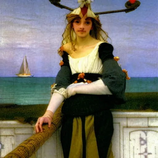 Image similar to A jester girl behind the beach castle balustrade, sail boat on the background, major arcana clothes, by paul delaroche, alphonse mucha and arnold böcklin arnold böcklin hyperrealistic 8k, very detailed