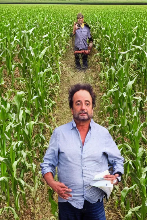 Prompt: Giorgio A. Tsoukalos, abducted by an alien space ship in a corn field