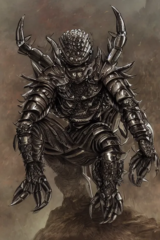 Image similar to armoured warrior humanoid crab monster, symmetrical, highly detailed, digital art, crab themed armour, sharp focus, trending on art station, ambient lighting, berserk, kentaro miura manga art style