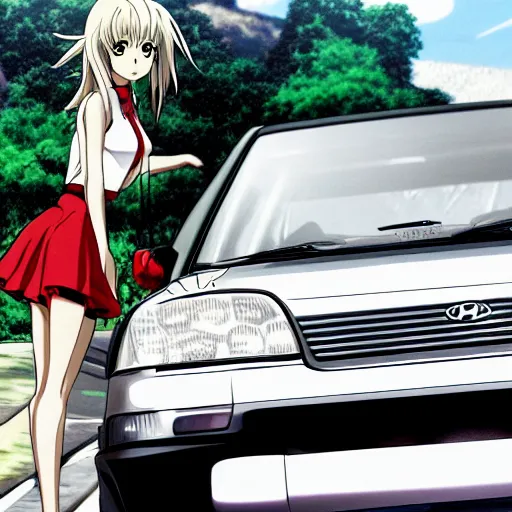 Image similar to closeup of a high definition anime girl riding a Hyundai Accent 1996 model with armenia quindio in the background in Initial D manga style, 8k, official media, wallpaper, hd