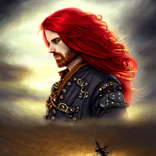 Image similar to male airship pirate with long flowing red hair, steampunk airship flying above the sea, D&D, handsome, side profile, fantasy, intricate, long hair, leather coat, gold earring, red hair, elegant, highly detailed, digital painting, artstation, atmospheric lighting, concept art, smooth, sharp focus, illustration, art by artgerm and greg rutkowski and alphonse mucha