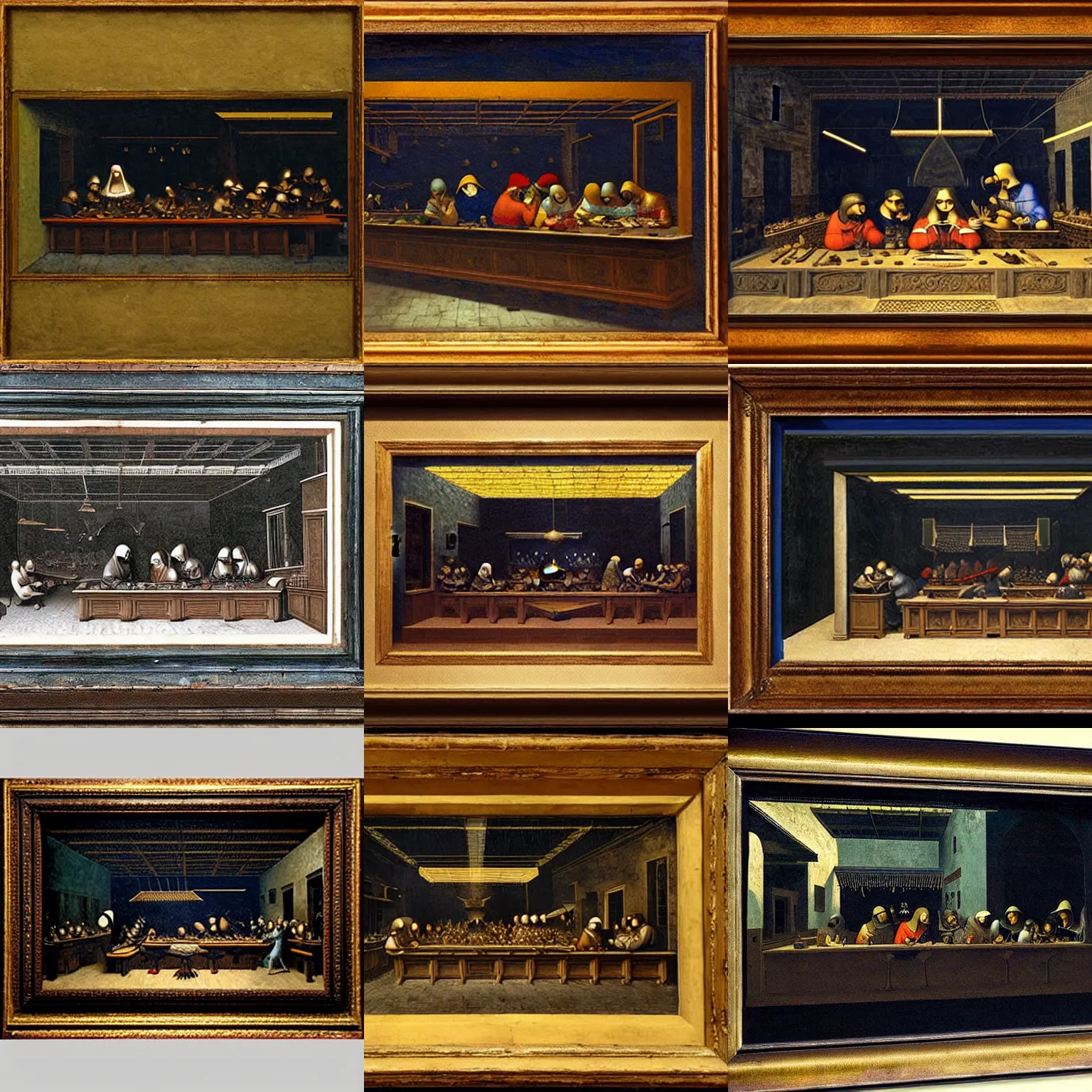 Prompt: Nighthawks by Leonardo da Vinci, tempura on canvas, chiaroscuro, sfumato,