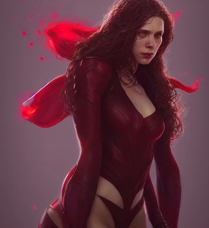 Image similar to Scarlet Witch, portrait, full body, hyper detailed, digital art, trending in artstation, cinematic lighting, studio quality, smooth render, unreal engine 5 rendered, octane rendered, art style by klimt and nixeu and ian sprigger and wlop and krenz cushart