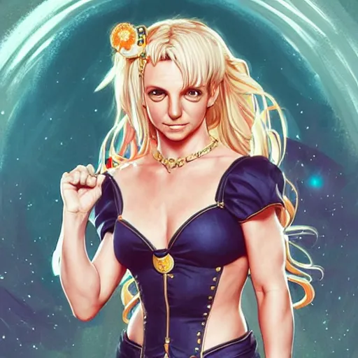 Image similar to Britney Spears as Sailor Moon, western, D&D, fantasy, intricate, elegant, highly detailed, digital painting, artstation, concept art, matte, sharp focus, illustration, art by Artgerm and Greg Rutkowski and Alphonse Mucha