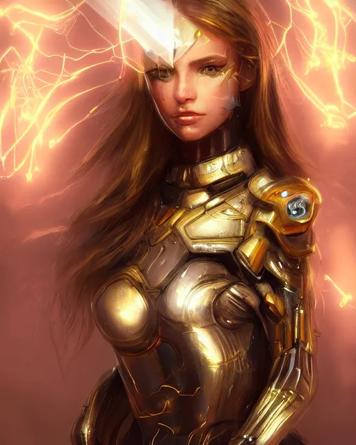 Image similar to portrait of handsome girl in cyber armor, dreamy and ethereal, expressive pose, gold eyes, exciting expression, fantasy, intricate, elegant, many lightning, cold color, highly detailed, digital painting, artstation, concept art, cyberpunk wearing, smooth, sharp focus, led, illustration.