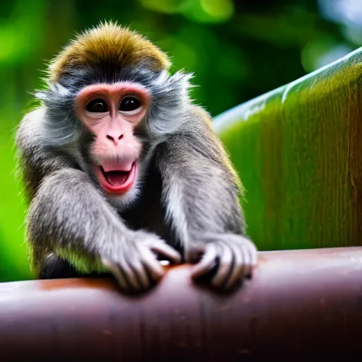 Prompt: photo of a happy monkey sliding down a waterslide, 4 k, full hd, reallistic, highly detailed