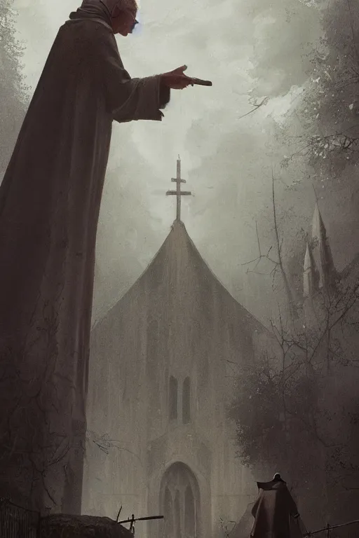 Image similar to A priest is trying to punish God for the death of his sister. He is getting ready to burn down the church, when supernatural forces start to torture him, horror, illustrated by Greg Rutkowski and Caspar David Friedrich., Trending on artstation, artstationHD, artstationHQ, 4k, 8k