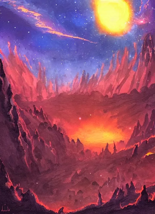 Prompt: The village on the sun under the lava mountains in the lord of the rings lore stylized galaxy and realm of fantasy adventure. Woo hoo I love being fantastical! Landscape scenery painting for an art contest.