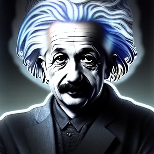 Prompt: portrait painting of albert einstein as a cyberpunk technician with a halo and devil horns, ultra realistic, concept art, intricate details, eerie, highly detailed, photorealistic, octane render, 8 k, unreal engine. art by artgerm and greg rutkowski and magali villeneuve and alphonse mucha